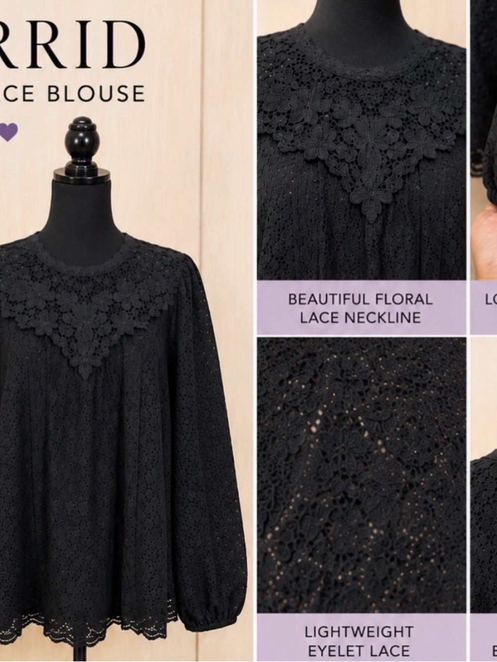 Torrid Black Floral Eyelet Lace Blouse
